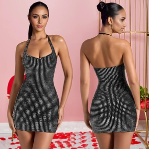 Sexy black halter mini dress with sparkling silver rhinestones for party wear