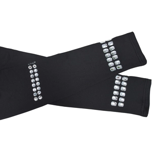 Detail of black knit arm sleeves featuring luxury double-row rhinestone embellishments