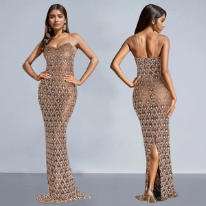 Sexy slim fit brown rhinestone maxi dress with spaghetti straps and rear split design