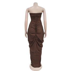 Detail of back ruched seam on a dark brown bodycon strapless maxi dress for women