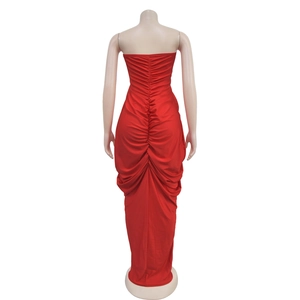 Detailed view of red ruched back design on this elegant floor-length maxi evening dress