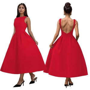 Detailed front and deep U-back view of a red sleeveless French vintage maxi dress