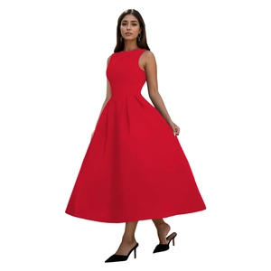 Detail view of the elegant red sleeveless A-line dress with pleated skirt design