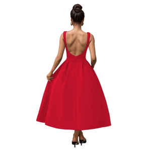 Back view of a red backless French retro sleeveless maxi dress with a deep U-neckline
