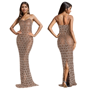 Detail of rhinestone diamond grid pattern on brown mesh bodycon dress with back slit
