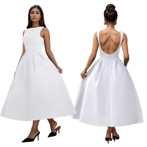 Detailed front and back view of a white sleeveless A-line maxi dress with deep U-back design