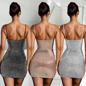 Sexy backless bodycon mini dress with metallic sequins and spaghetti straps in three colors