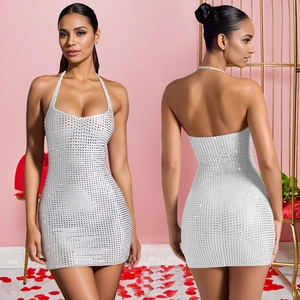 Detailed front and back view of silver halter neck rhinestone bodycon mini party dress