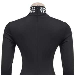 Detail of rhinestone collar and back invisible zipper on this black slim-fit dress