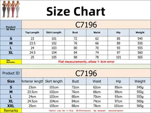 Size chart for C7196 women's sequin two-piece set including bust and waist measurements
