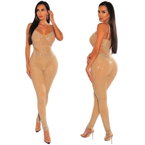 Detail eines nudefarbenen Strass-Bodysuits mit dünnen Trägern und transparenten Netzeinsätzen