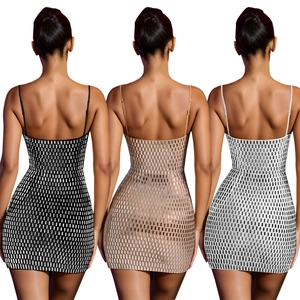 Detailed back view of sexy bodycon mini dresses with rhinestones in black, gold and silver
