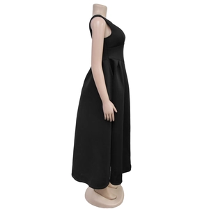 Detailed side view of black high-waisted A-line maxi dress on a female mannequin