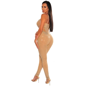 Detail eines hautfarbenen Bodysuits mit glitzernden Strasssteinen und offenem Rücken
