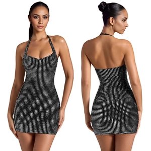 Detailed front and back view of sexy black halter mini dress with sparkling rhinestones