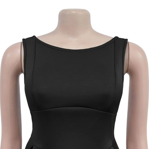 Detail of elegant black sleeveless slim fit dress with refined round neckline and knit texture