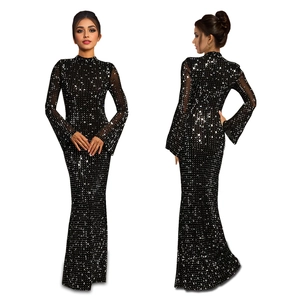 Sparkling dark grey bodycon evening gown with long sleeves and sequins shown in front and back