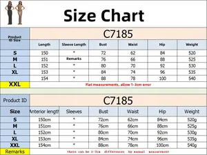 Size chart table for sleeveless rhinestone slit evening dress with S to XXL measurements