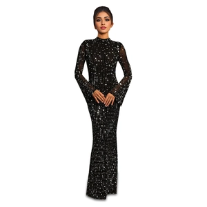 Slim fit black long sleeve evening gown with silver sequins and half-high neckline