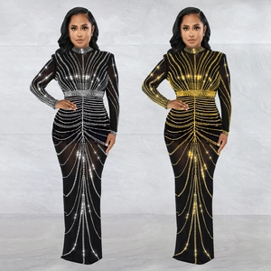 Women Sexy High Neck Long Sleeve Maxi Dress Rhinestone Geometric Pattern Slim Fit Floor Length Banquet Evening Party Dress
