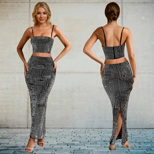 Women two-piece set featuring a cropped camisole and slim maxi skirt with grid pattern