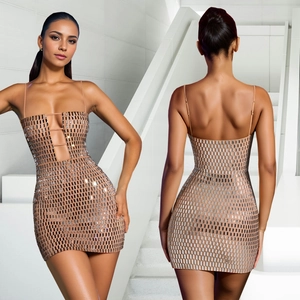Sexy slim fit bodycon party mini dress with silver sequins and cutout details