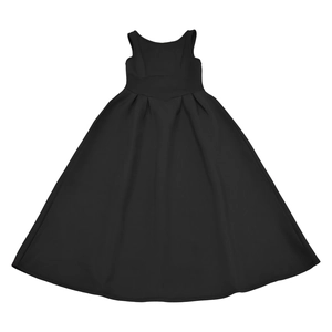 Detailed view of backless black sleeveless maxi dress with pleated waist and A-line skirt