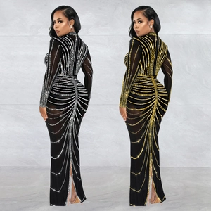 Sparkly rhinestone long sleeve maxi dress with back slit and high neck in two colors