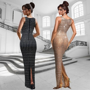 Slim fit sleeveless rhinestone evening dress with back slit in black and champagne gold