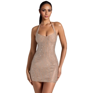 Detail of rhinestone halter dress showing shimmering silver crystals on beige fabric