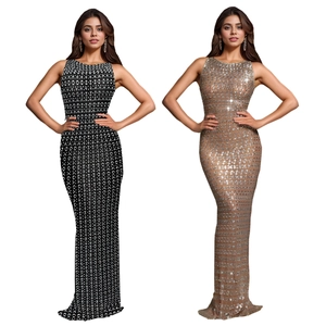 Slim fit sleeveless rhinestone evening dress in black and champagne with back slit