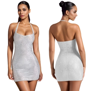 Detail view of silver sequin halter neck dress with backless design and slim fit