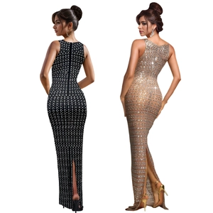 Detailed back view of a slim evening dress with rhinestones and a stylish rear slit