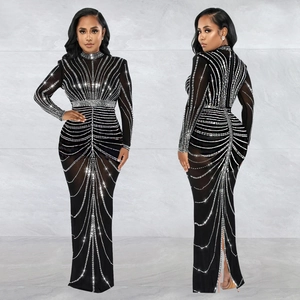 Elegant black long sleeve rhinestone evening gown with a high neck and back slit detail