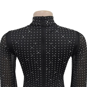 Detail of silver rhinestones and sequins on black long sleeve dress with back zipper