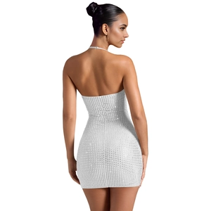 Detail of white bodycon dress featuring shimmering rhinestones and slim fit back design