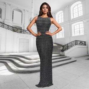 Detail of slim fit back slit maxi dress with sparkling rhinestones in a chic style
