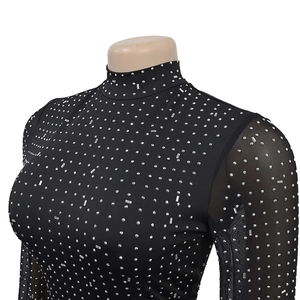 Detail of black mock neck dress with mesh sleeves and silver rhinestone embellishments