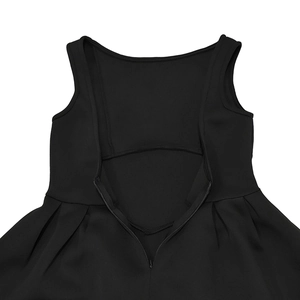 Detail view of back invisible zipper and pleated waist on this black sleeveless maxi dress