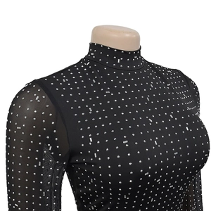 Detail of sheer black turtleneck dress with shimmering silver rhinestones