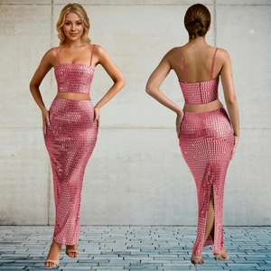 Detailed front and back view of pink sequin two-piece set with crop top and slit maxi skirt