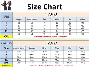 Detailed size chart for C7202 rhinestone bodycon dress showing S-XXL measurements