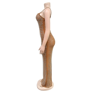 Detail of tan bodycon dress featuring intricate silver rhinestone lattice patterns
