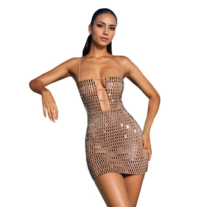 Detail of champagne bodycon mini dress with silver sequins and cutout strap design
