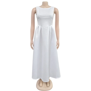 Detail view of the elegant white sleeveless long dress with pleated A-line skirt and high waist