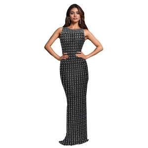 Front view of slim fit sleeveless black long dress with white rhinestone embellishments