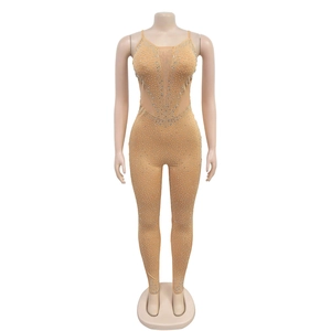 Detail eines beigen Jumpsuits mit silbernen Strasssteinen und transparentem Mesh-Besatz