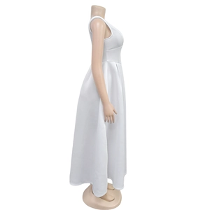 Side view of elegant white backless maxi dress on mannequin showing A-line silhouette
