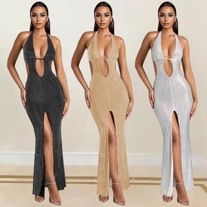 Robe Maxi Sexy pour Femme Dos Nu Strass Luxueux Découpe Fente Haute Dos Nu Robe de Soirée Élégante Coupe Ajustée