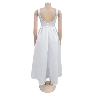 Detail view of the open back V-neck and invisible zipper on this white sleeveless maxi dress